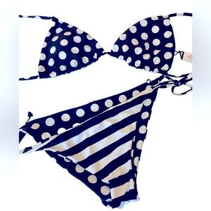 Capri Reversible Navy and White Stripe or Polka Dot String Bikini Size M